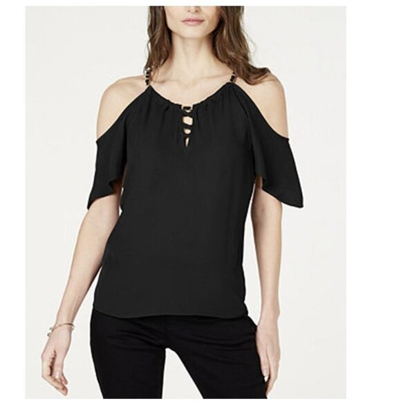 💎INC International Concepts Lace-Up Cold-Shoulder Chain Black Top - Picture 1 of 8